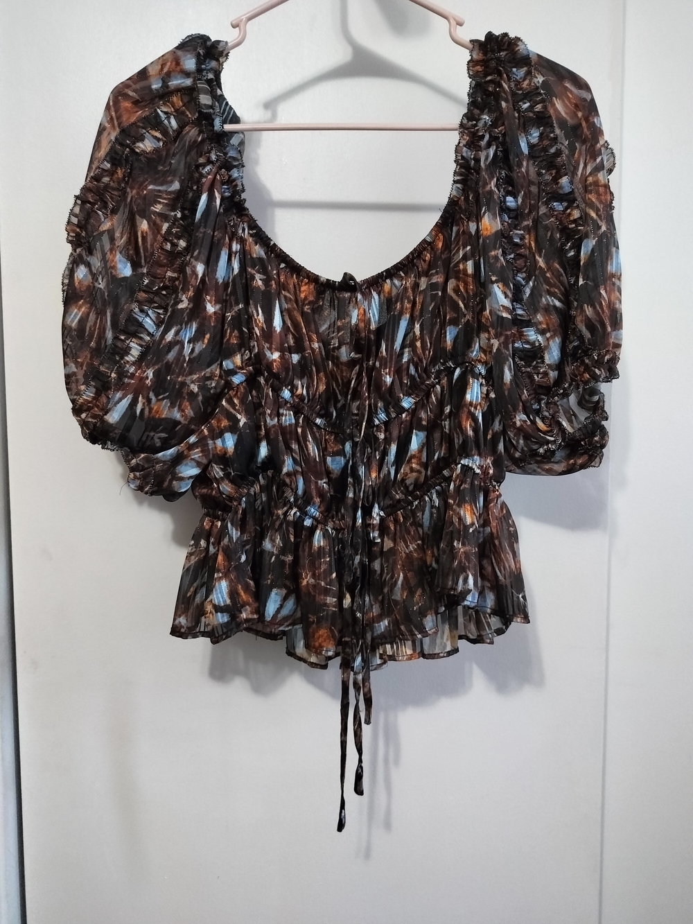 Women's Brown Puff-Sleeve Peasant Top